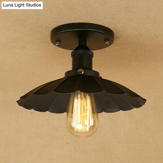 Antique-Style Scalloped Shade Semi Flush Mount Lighting - 1-Head Iron Fixture In Rust/Black For