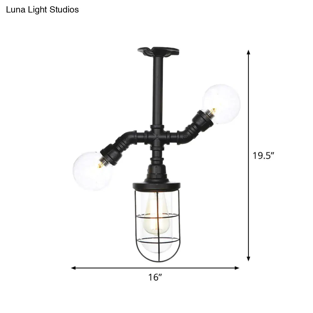 Antique Style Semi-Flush Ceiling Light - Clear Glass Flush Mounted Lamp With Cage In Black 3 Bulbs