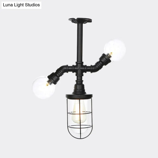 Antique Style Semi-Flush Ceiling Light - Clear Glass Flush Mounted Lamp With Cage In Black 3 Bulbs