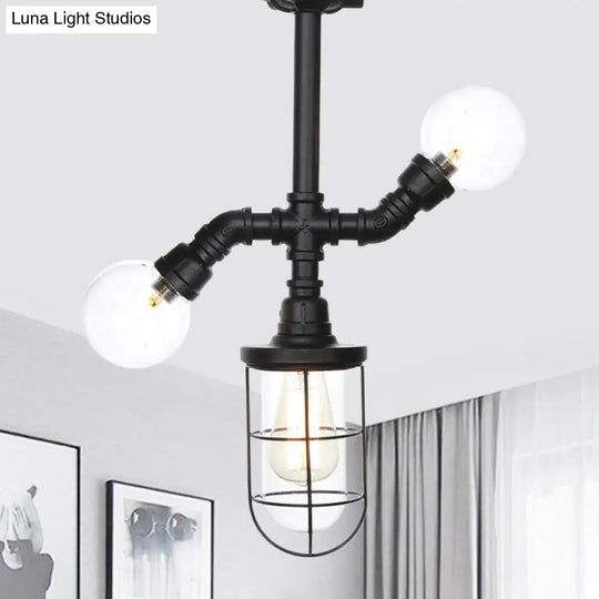 Antique Style Semi-Flush Ceiling Light - Clear Glass Flush Mounted Lamp With Cage In Black 3 Bulbs /