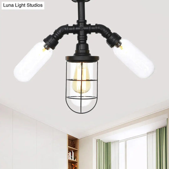Antique Style Semi-Flush Ceiling Light - Clear Glass Flush Mounted Lamp With Cage In Black 3 Bulbs /
