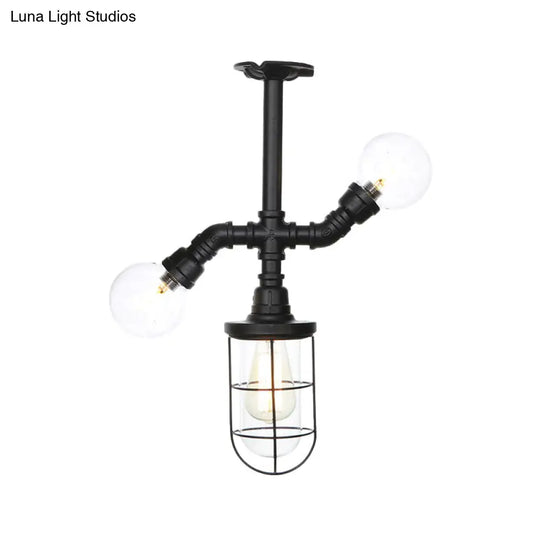 Antique Style Semi-Flush Ceiling Light - Clear Glass Flush Mounted Lamp With Cage In Black 3 Bulbs