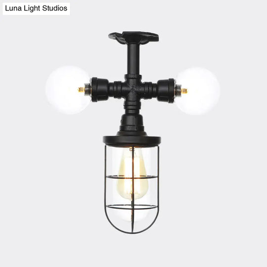 Antique Style Semi-Flush Ceiling Light - Clear Glass Flush Mounted Lamp With Cage In Black 3 Bulbs