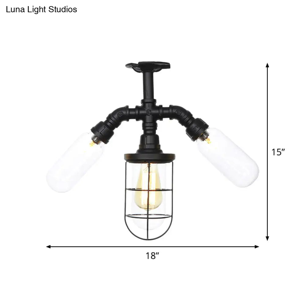 Antique Style Semi-Flush Ceiling Light - Clear Glass Flush Mounted Lamp With Cage In Black 3 Bulbs