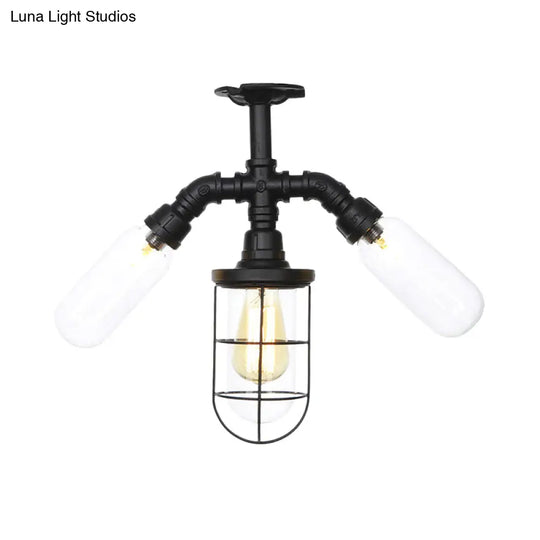 Antique Style Semi-Flush Ceiling Light - Clear Glass Flush Mounted Lamp With Cage In Black 3 Bulbs