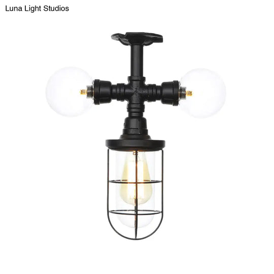 Antique Style Semi-Flush Ceiling Light - Clear Glass Flush Mounted Lamp With Cage In Black 3 Bulbs