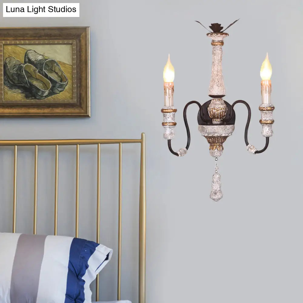 Antique Style Solid Wood 2-Light Candle Sconce Lamp - Bedroom Wall Mounted Lighting (White)