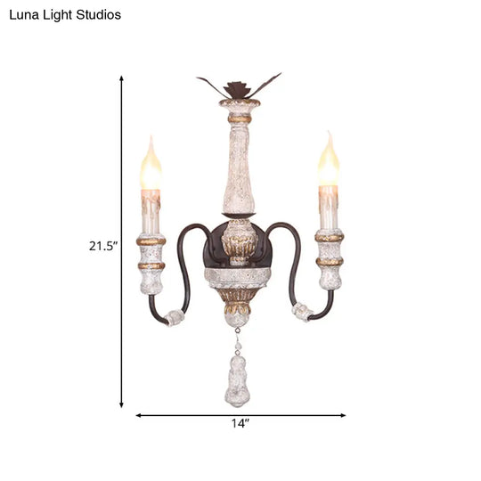 Antique Style Solid Wood 2-Light Candle Sconce Lamp - Bedroom Wall Mounted Lighting (White)