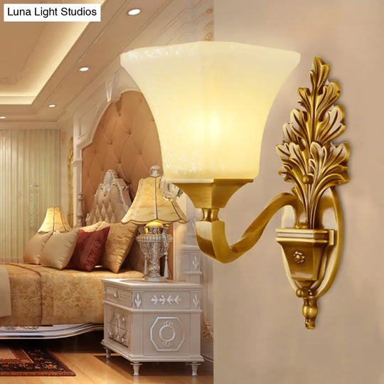 Antique Style Wall Sconce - Milk Glass With Gold Finish Pagoda Shape Perfect For Corridor Lighting