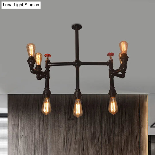 Antique Style Water Pipe Pendant Light With 7 Bulbs: Metallic Chandelier Featuring Red Valve Black