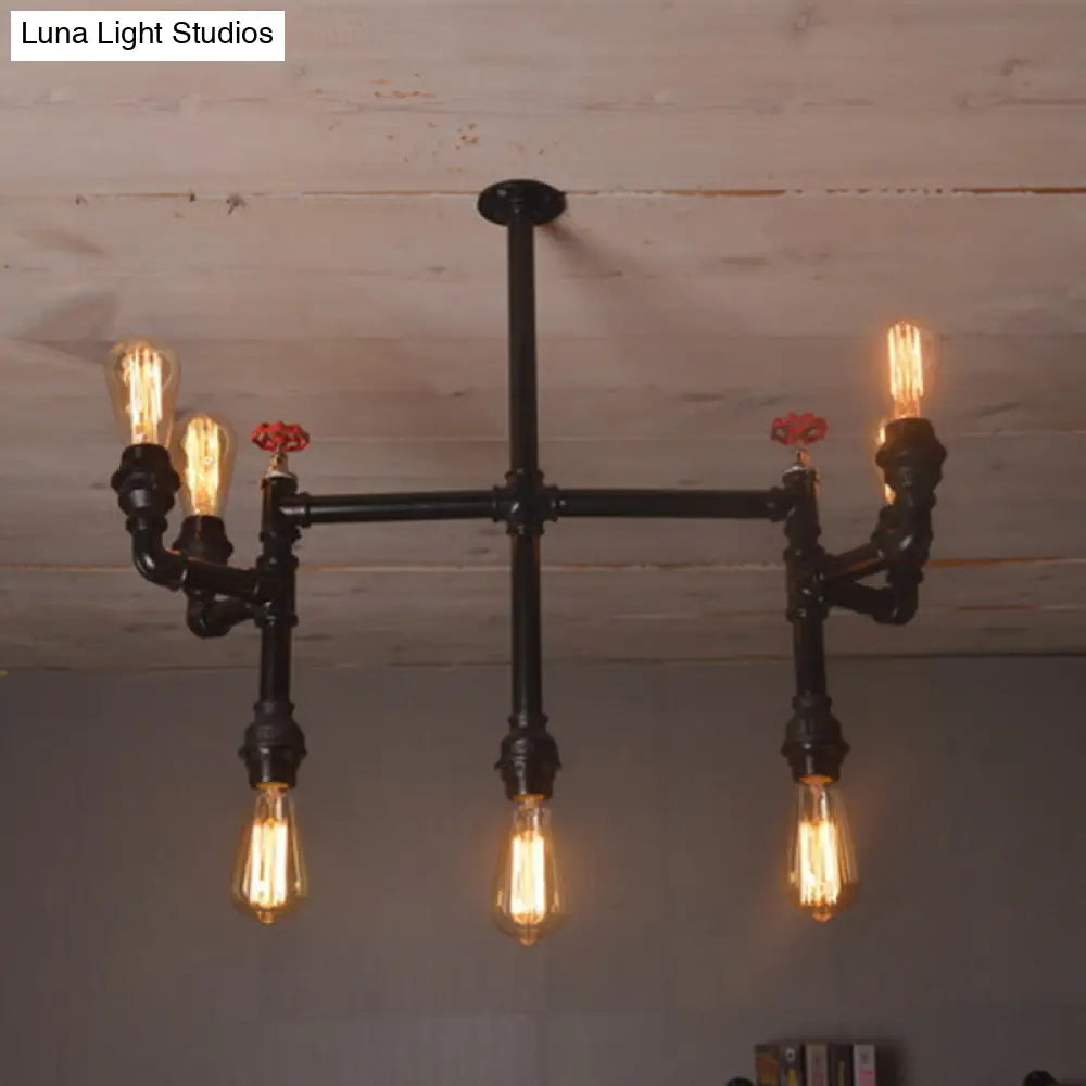 Antique Style Water Pipe Pendant Light With 7 Bulbs: Metallic Chandelier Featuring Red Valve Black