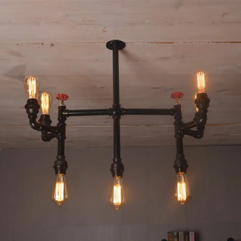 Antique Style Water Pipe Hanging Pendant Light With 7 Bulbs Metallic Chandelier Lighting - Black