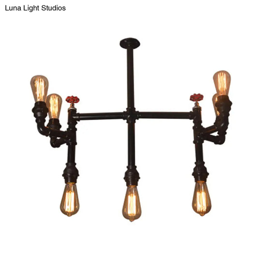 Antique Style Water Pipe Pendant Light With 7 Bulbs: Metallic Chandelier Featuring Red Valve Black