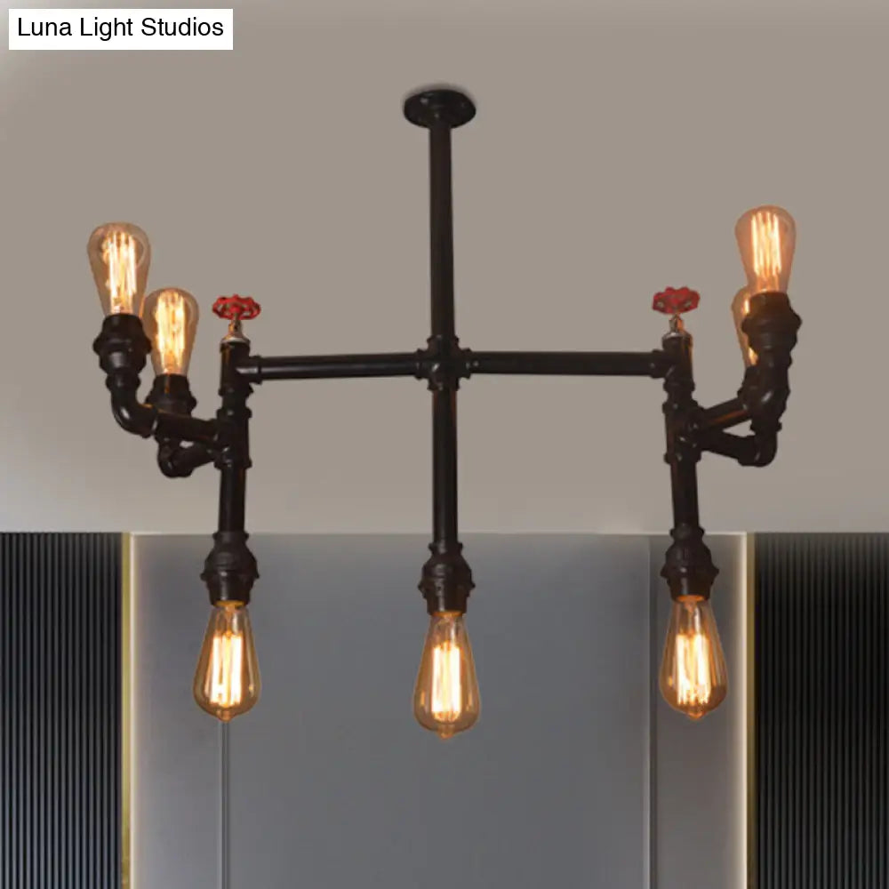 Antique Style Water Pipe Pendant Light With 7 Bulbs: Metallic Chandelier Featuring Red Valve Black