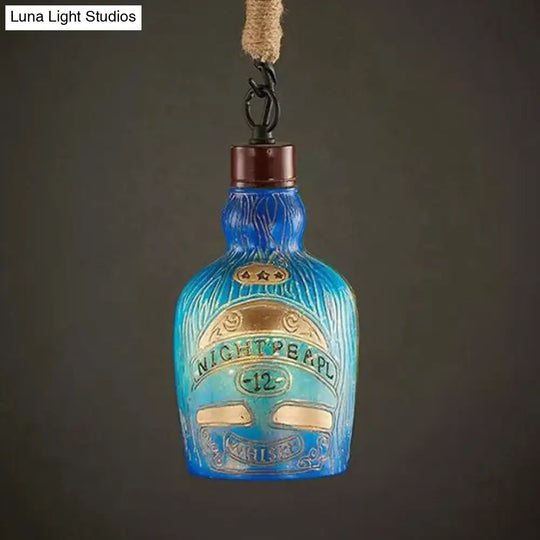 Antique Style Glass Pendant Light: Wine Bottle Restaurant Lamp (Adjustable 1-Light Red/Yellow) Blue