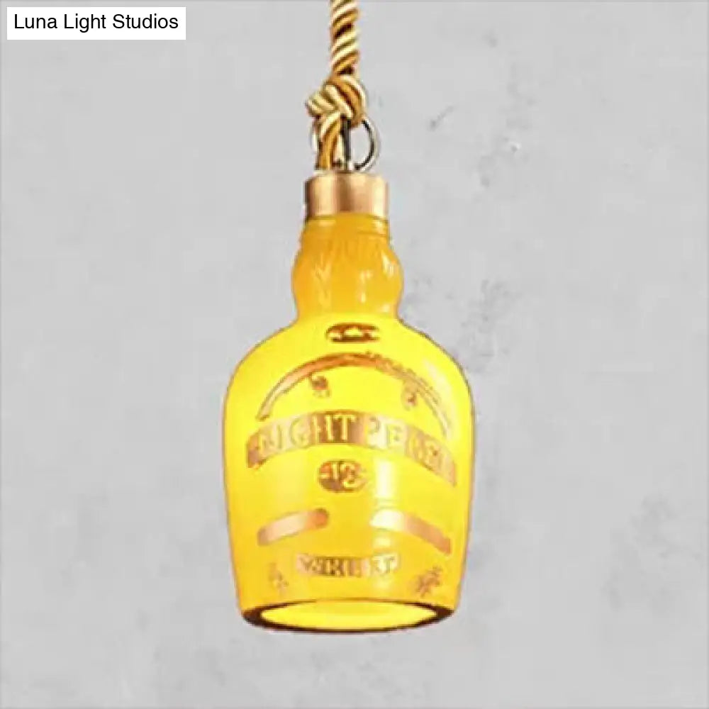 Antique Style Glass Pendant Light: Wine Bottle Restaurant Lamp (Adjustable 1-Light Red/Yellow)