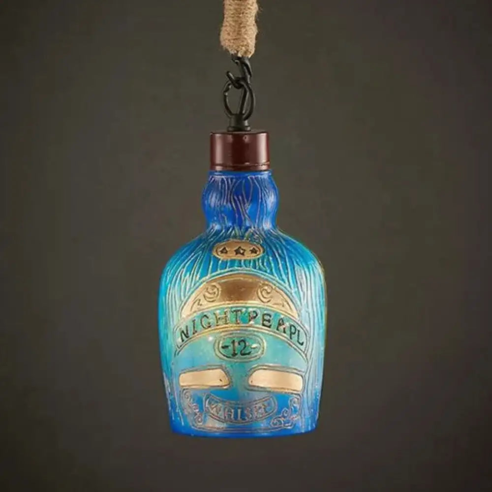 Antique Style Wine Bottle Pendant Light: Adjustable Red/Yellow Hanging Lamp For Restaurants Blue