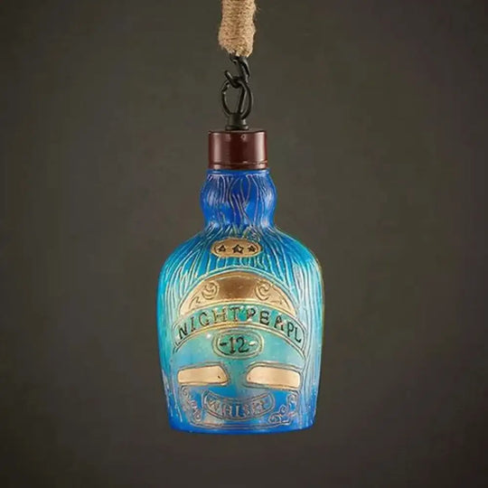 Antique Style Wine Bottle Pendant Light: Adjustable Red/Yellow Hanging Lamp For Restaurants Blue