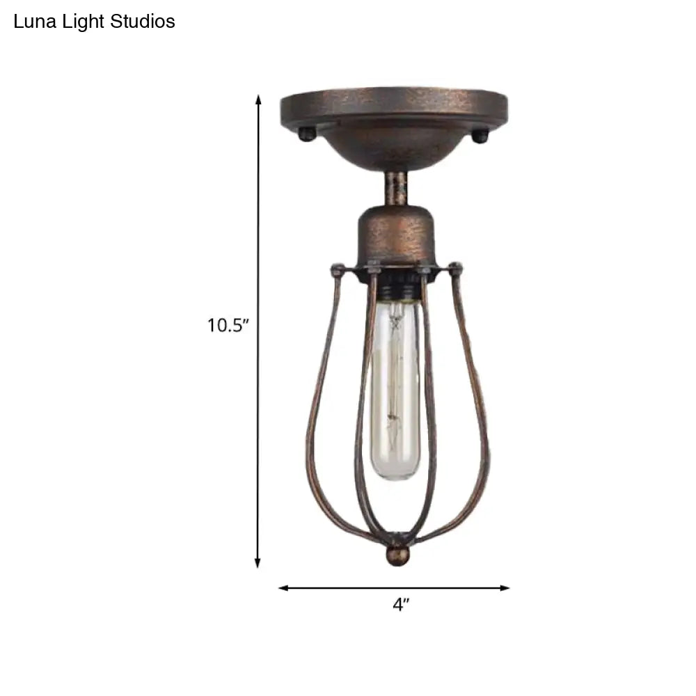 Antique Style Wrought Iron Ceiling Mini Semi Flush Light With Wire Guard And Dark Rust Finish