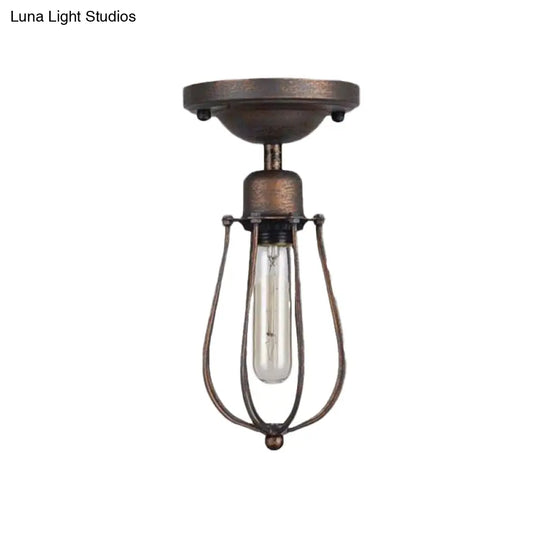 Antique Style Wrought Iron Ceiling Mini Semi Flush Light With Wire Guard And Dark Rust Finish