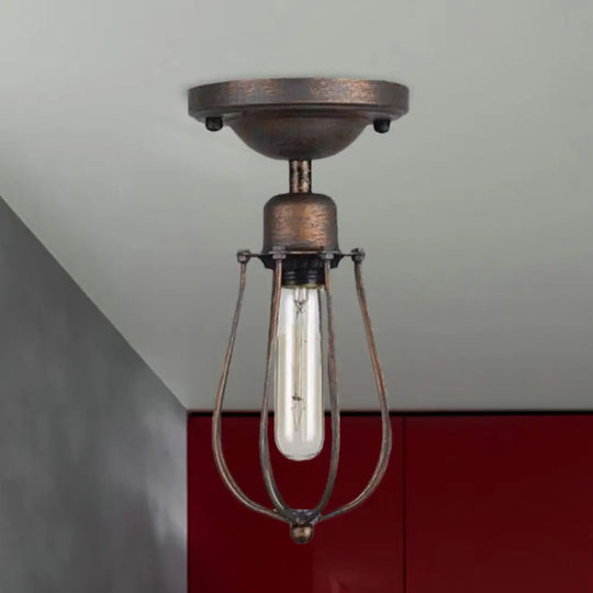 Antique Style Wrought Iron Ceiling Mini Semi Flush Light With Wire Guard And Dark Rust Finish