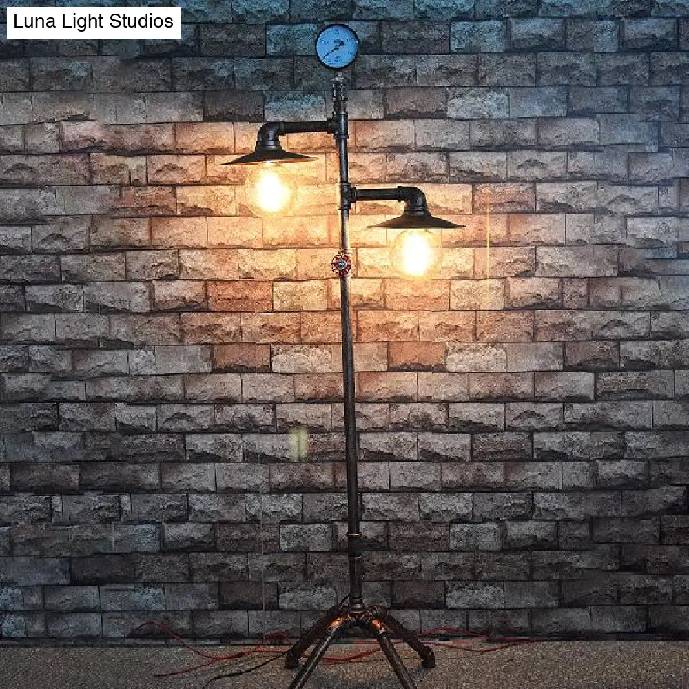 Antique Style Wrought Iron Floor Lamp With Flat Bronze Shade - 2 Lights Perfect For Living Room