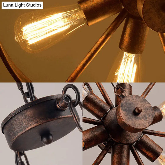 Wrought Iron Wheel Shaped Pendant Light With Antique Style - 6 Lights Rustic Kitchen Chandelier