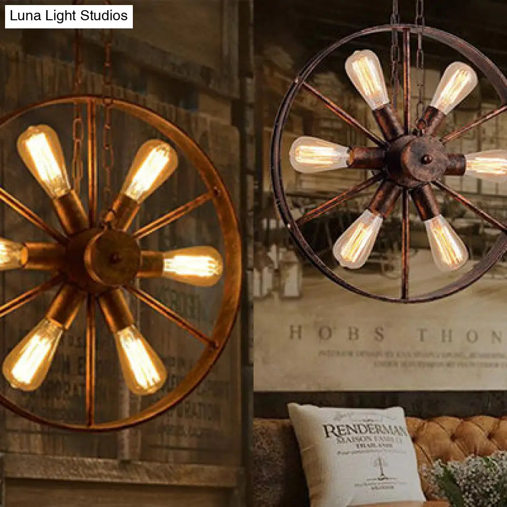 Antique Style Wrought Iron Kitchen Chandelier - 6-Light Wheel Pendant Lamp In Rust Finish