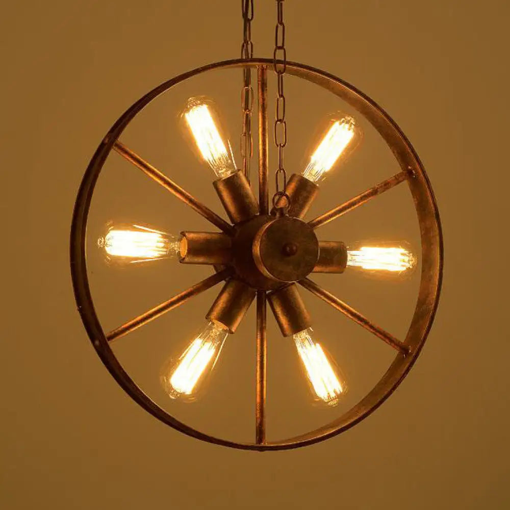 Antique Style Wrought Iron Kitchen Chandelier - 6-Light Wheel Pendant Lamp In Rust Finish