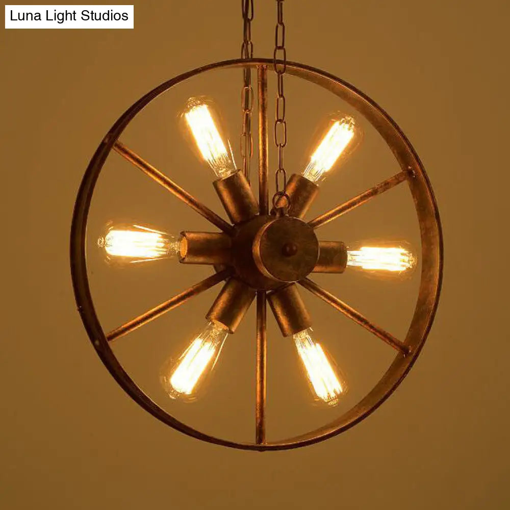 Wrought Iron Wheel Shaped Pendant Light With Antique Style - 6 Lights Rustic Kitchen Chandelier Rust