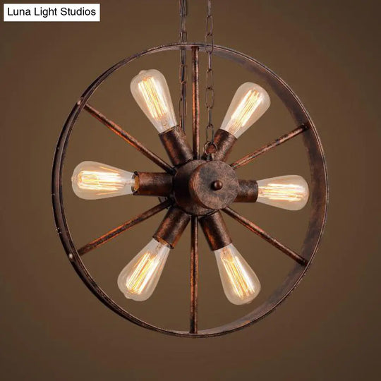 Antique Style Wrought Iron Kitchen Chandelier - 6-Light Wheel Pendant Lamp In Rust Finish