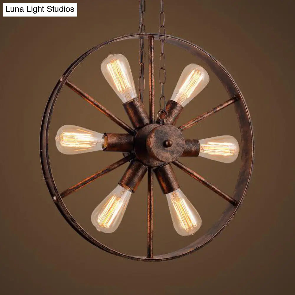 Wrought Iron Wheel Shaped Pendant Light With Antique Style - 6 Lights Rustic Kitchen Chandelier