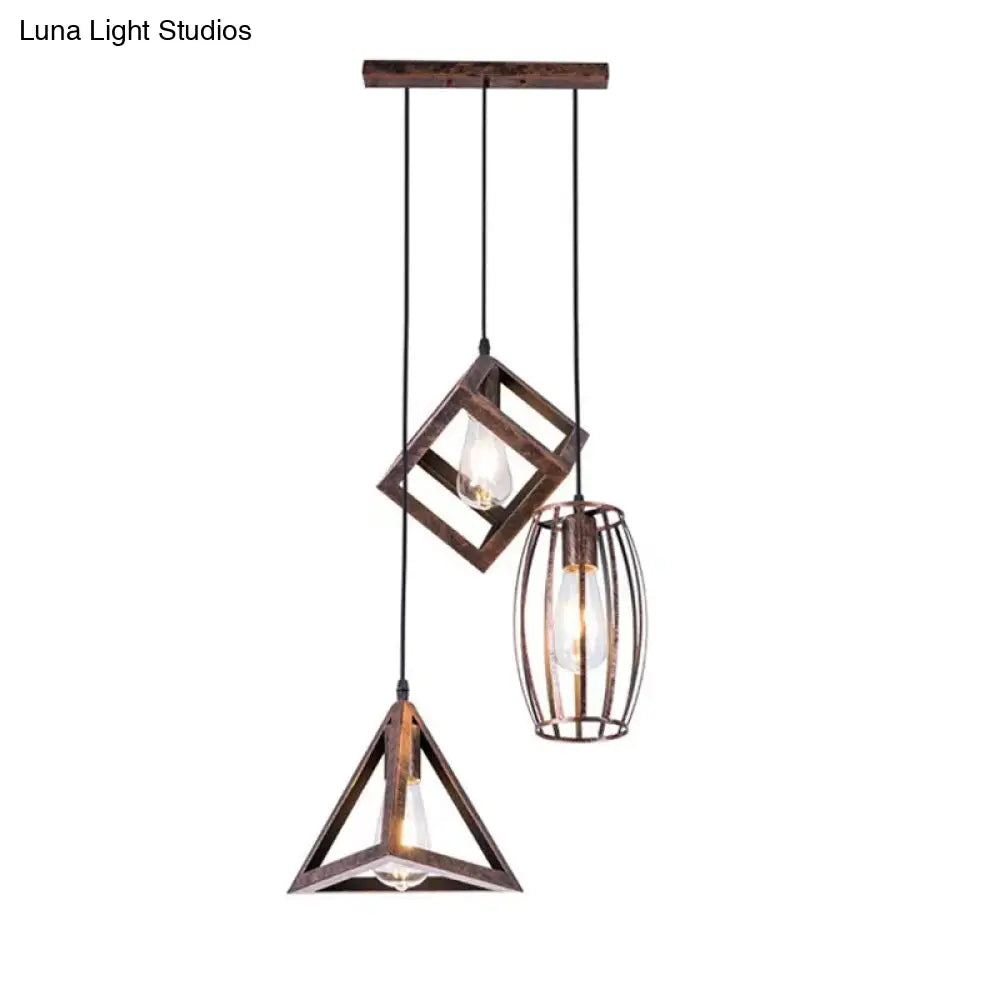 Antique Style Wrought Iron Pendant Lamp - 3-Head Caged Design For Dining Room Ceiling Rust Finish