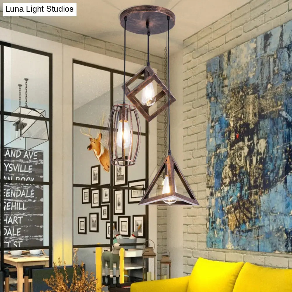 Caged Wrought Iron Pendant Lamp - Antique Style 3 Heads Dining Room Ceiling Light