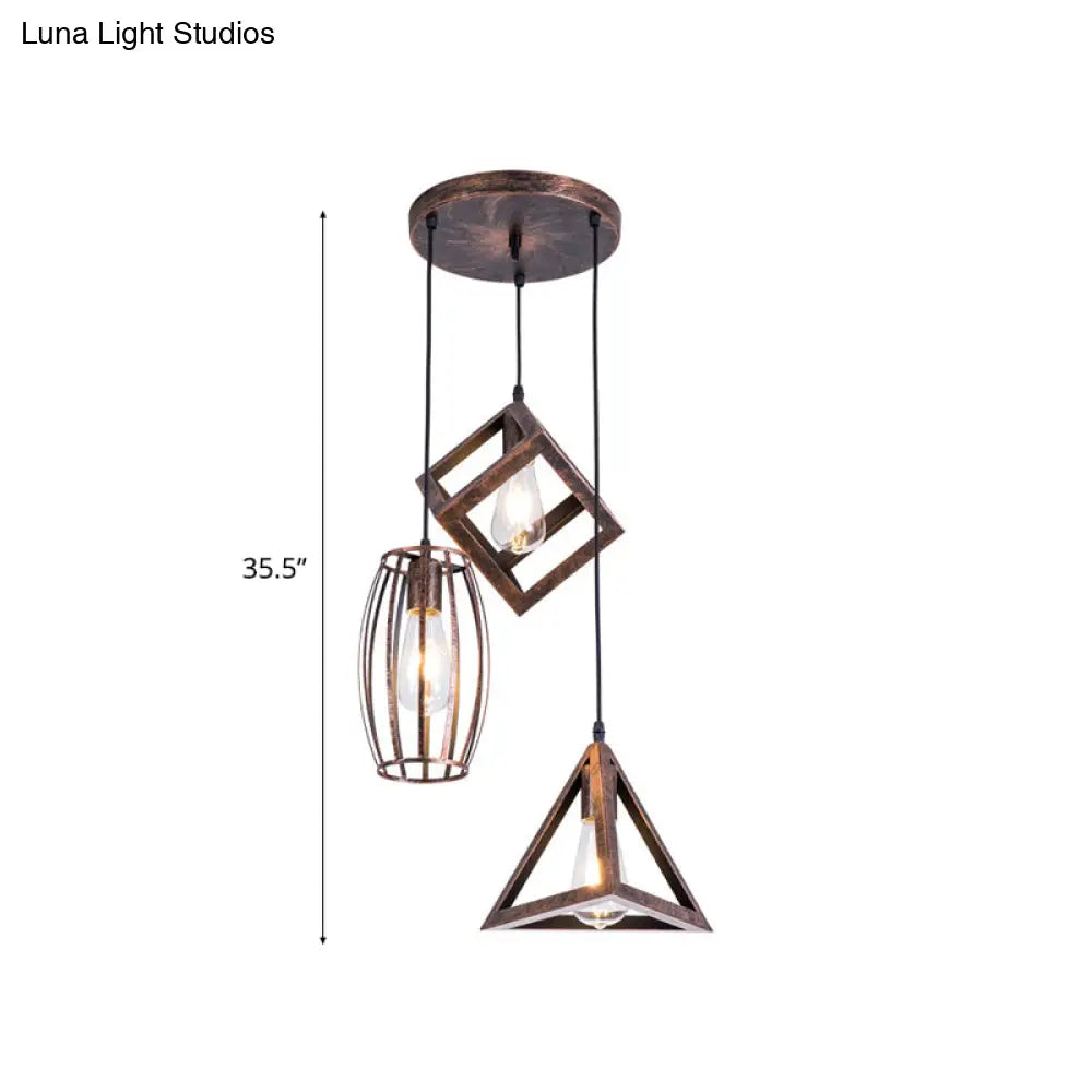Antique Style Wrought Iron Pendant Lamp - 3-Head Caged Design For Dining Room Ceiling Rust Finish