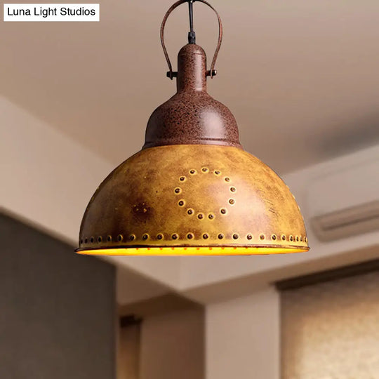 Yellow Iron Pendant Lamp With Domed Antique Design & Rivets For Restaurants