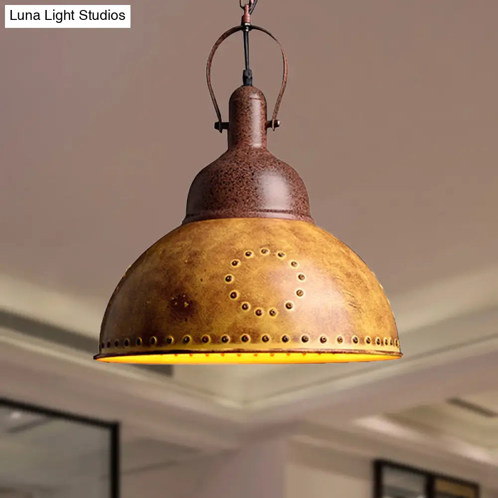 Antique Style Wrought Iron Pendant Lamp - Yellow Restaurant Ceiling Light With Rivets