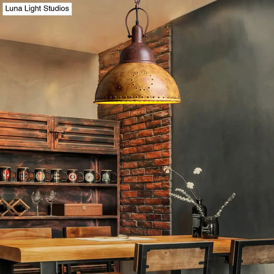 Yellow Iron Pendant Lamp With Domed Antique Design & Rivets For Restaurants