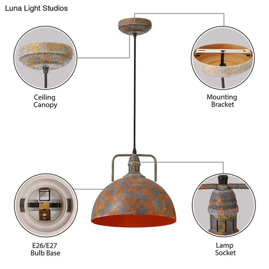 Antique Style Rust Finish Pendant Light With Wrought Iron Frame And Vented Socket - Perfect For