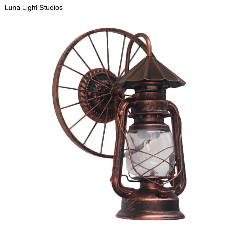 Antique Stylish Black/Bronze Finish Lantern Wall Sconce Light Wrought Iron Mounted Lamp With Wheel