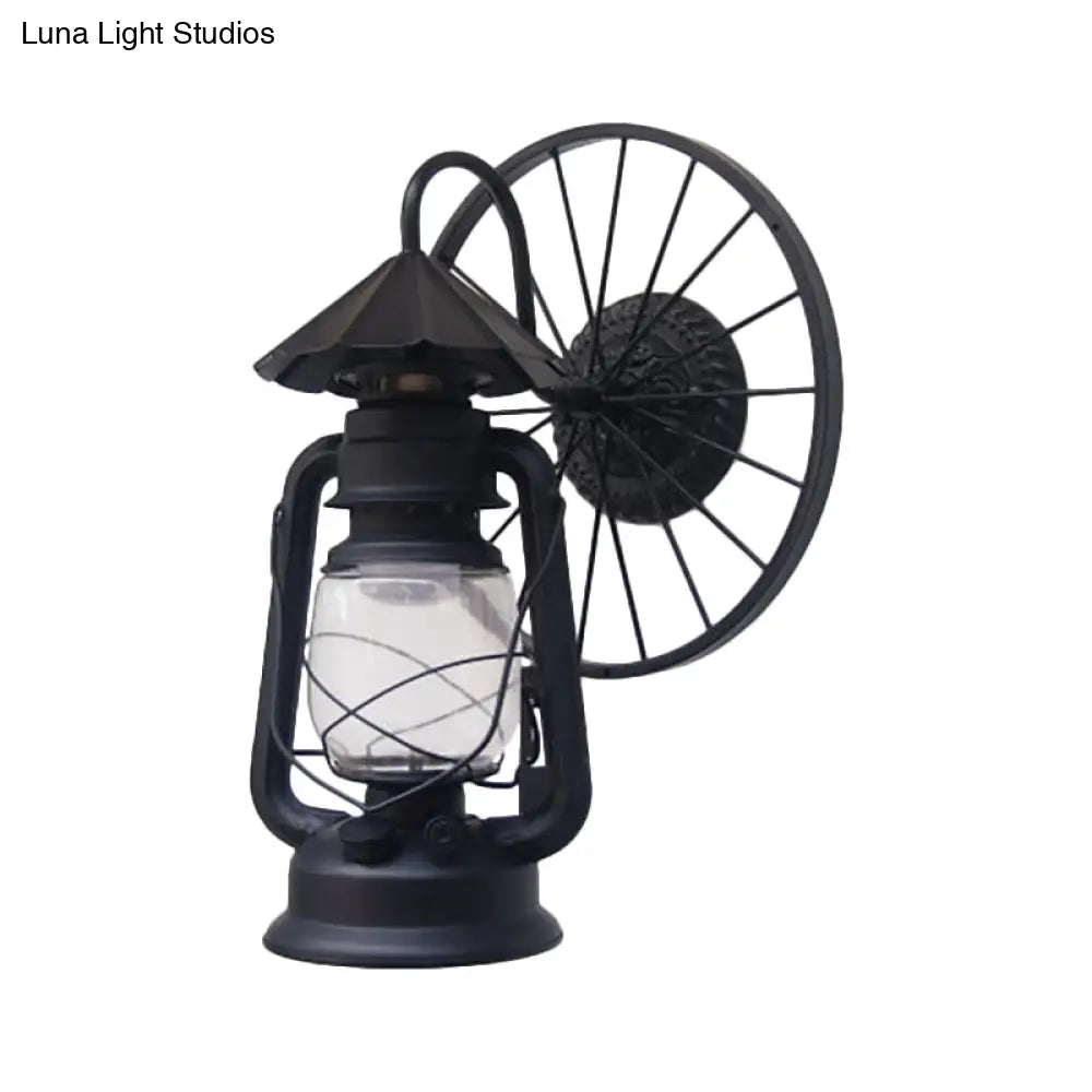 Antique Stylish Black/Bronze Finish Lantern Wall Sconce Light Wrought Iron Mounted Lamp With Wheel