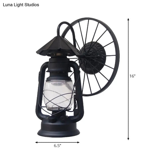 Antique Stylish Black/Bronze Finish Lantern Wall Sconce Light Wrought Iron Mounted Lamp With Wheel