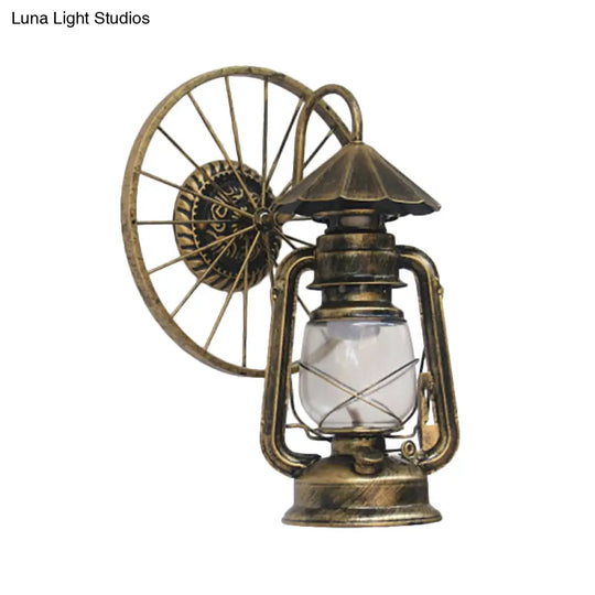 Antique Stylish Black/Bronze Finish Lantern Wall Sconce Light Wrought Iron Mounted Lamp With Wheel