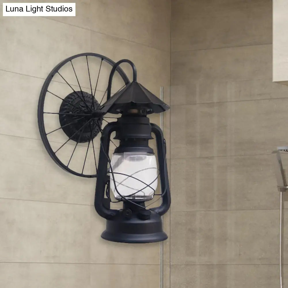 Antique Stylish Black/Bronze Finish Lantern Wall Sconce Light Wrought Iron Mounted Lamp With Wheel