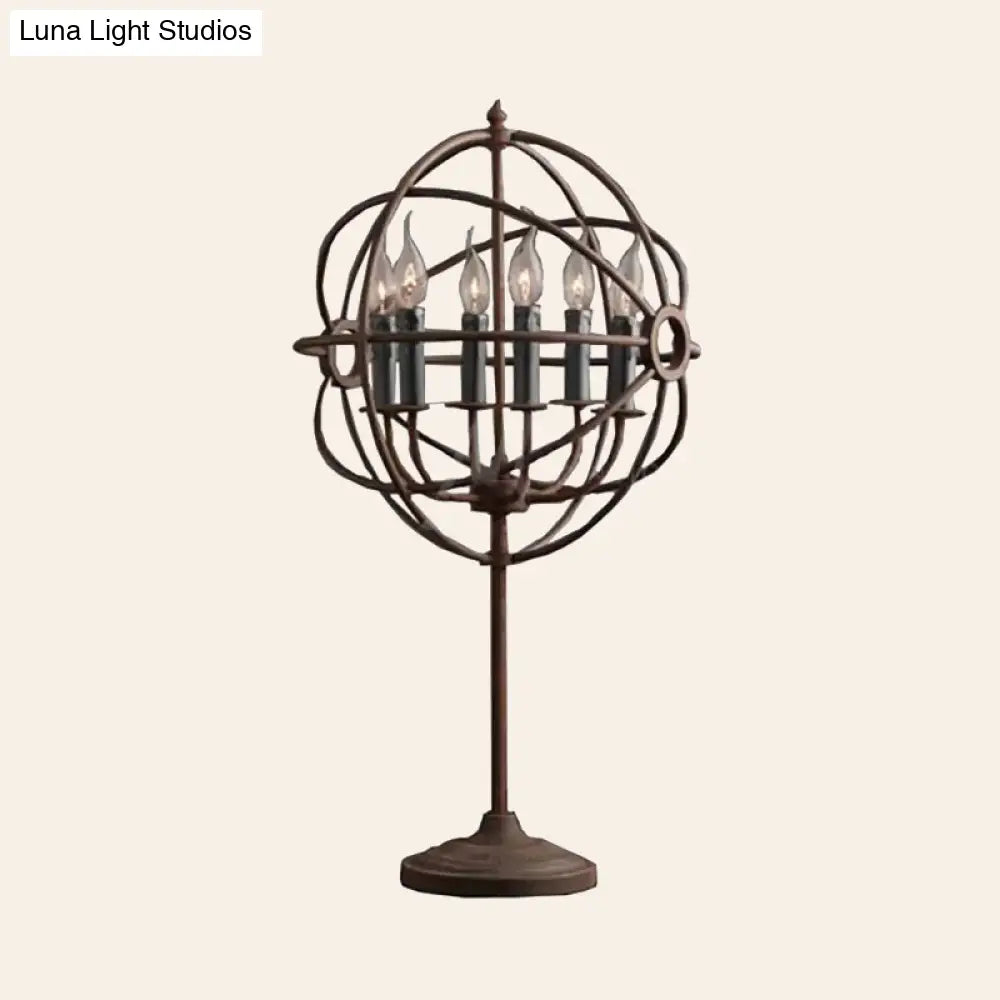 Antique Stylish Orbit Design Table Lamp With Multi-Light Candle Effect In Rustic Wrought Iron