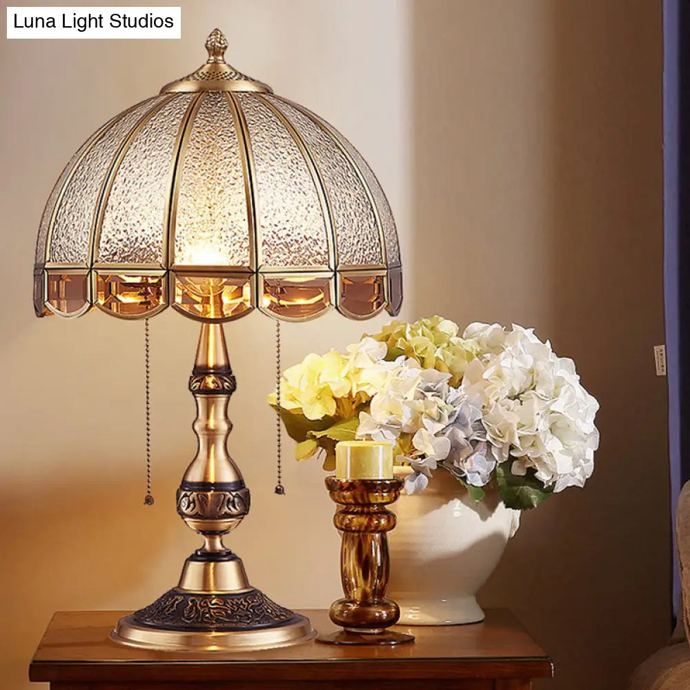 Antique Textured Glass Bronze Nightstand Lamp With Pull Switch - Hemispherical Bedroom Table Light