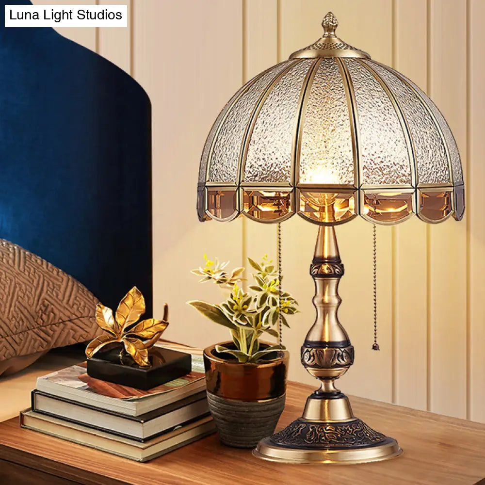 Antique Textured Glass Bronze Nightstand Lamp With Pull Switch - Hemispherical Bedroom Table Light