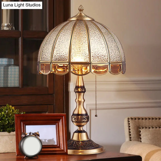 Antique Textured Glass Bronze Nightstand Lamp With Pull Switch - Hemispherical Bedroom Table Light