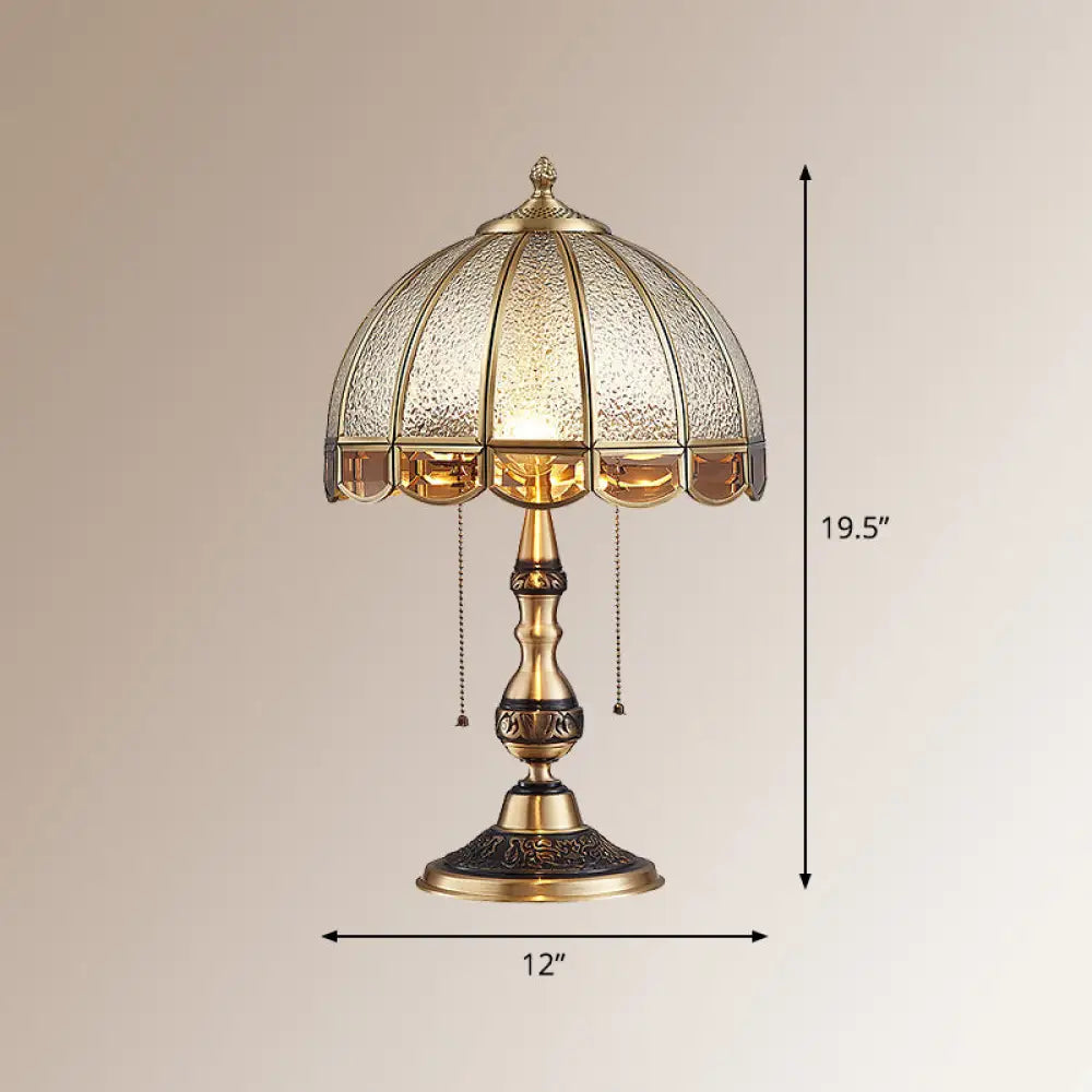 Antique Textured Glass Bronze Nightstand Lamp With Pull Switch - Hemispherical Bedroom Table Light