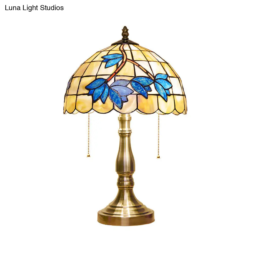 Antique Tiffany Dome Desk Light - Blue Flower/Dragonfly/Butterfly Stained Glass Table For Bedroom (2